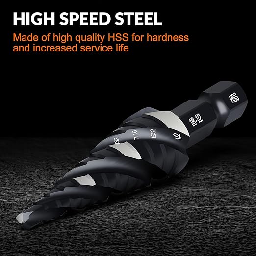 THINKWORK Four Spiral Flute Step Drill Bit, HSS Step Drill Bits 1/8"-1/2"(13 Step) Unibit Step Drill Bit, 1/4" Shank Step Bits for Aluminum, Wood, Plastic, Metal