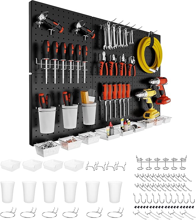 FZK Peg Board, 82PCS Metal Pegboard Wall Organizer Kit. Heavy Duty Pegboard, Peg Boards, Pegboard for Walls, Black Pegboard for Garage Craft Room Workbench Office Kitchen Tool Organization, 36 * 24