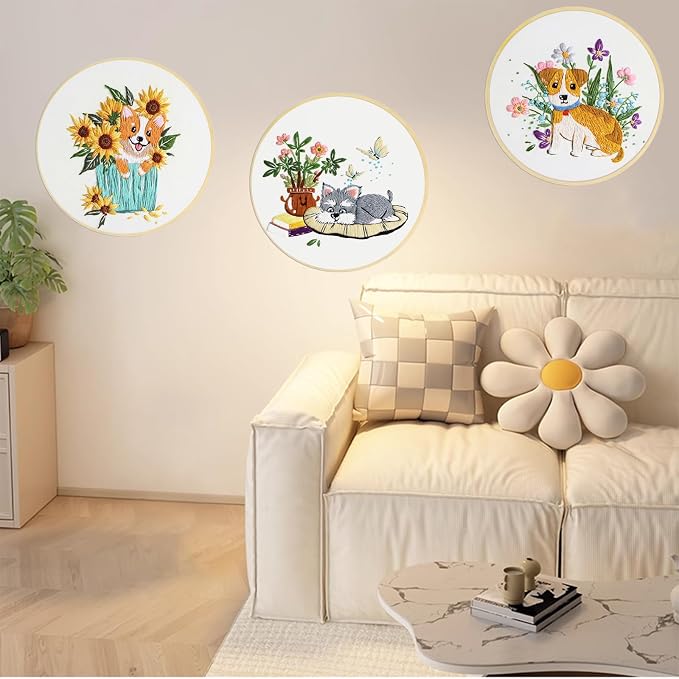 COCOMOX 3 Sets Embroidery Kit for Beginners, Dog Flower Pattern Embroidery - Image 6