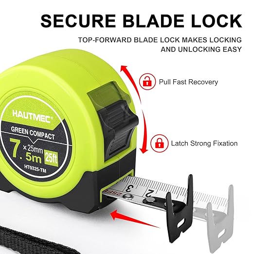 HAUTMEC Tape Measure 25ft with Dual Scale Metric and Imperial 1/8 Fractions Measuring Tape Compact Economical for Home DIY Renovations Crafting Quick Fixes HT0325-3PC