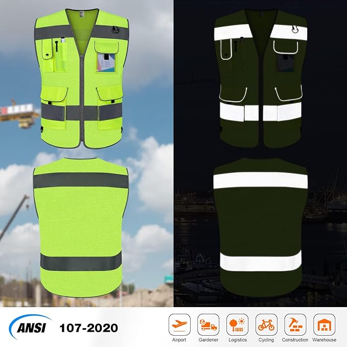 TCCFCCT Mesh Reflective Safety Vest 9 Pockets High Visibility Vest for Men Women, Hi Vis Reflective Work Vest for Safety, Meets ANSI/ISEA Standards, (Yellow, XX-Large)