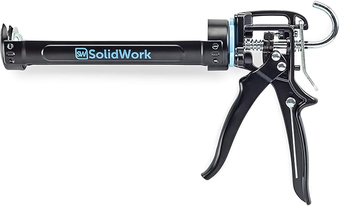 SolidWork Caulk Gun for Professional & Drip-Free Use with Ergonomic Steel Handle, up to 1/10 Gallon Cartridge, Adjustable 24:1 Thrust Ratio 1/10 Gallon Cartridge | Black Caulking Gun