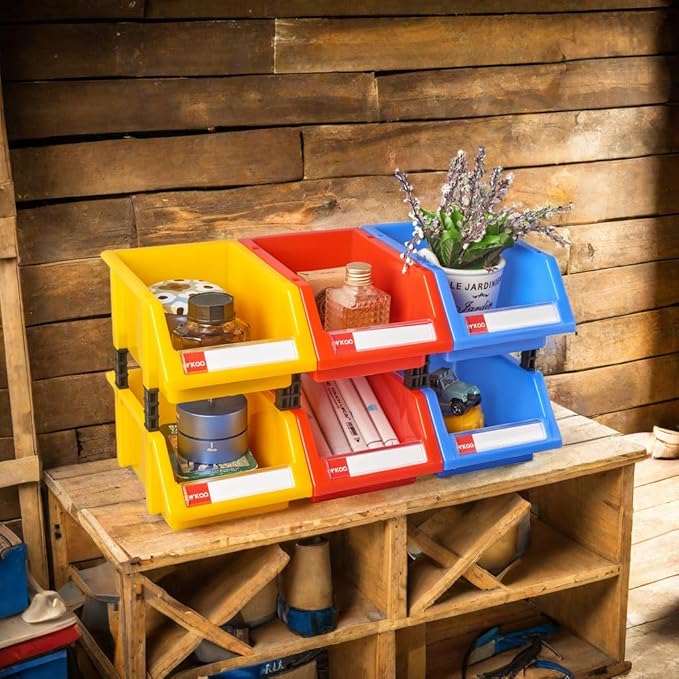 Plastic stackable storage bins tool storage bins for garage, workshop, office storage(Yellow,Pack of 6)