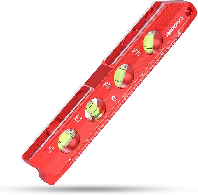 ARROW 8-Inch Torpedo Level, Magnetic Level Tool with 0°/30°/45°/90° Bubbles, Top-view Windows, Aluminium Alloy Frame, Dual Metric and SAE Scales