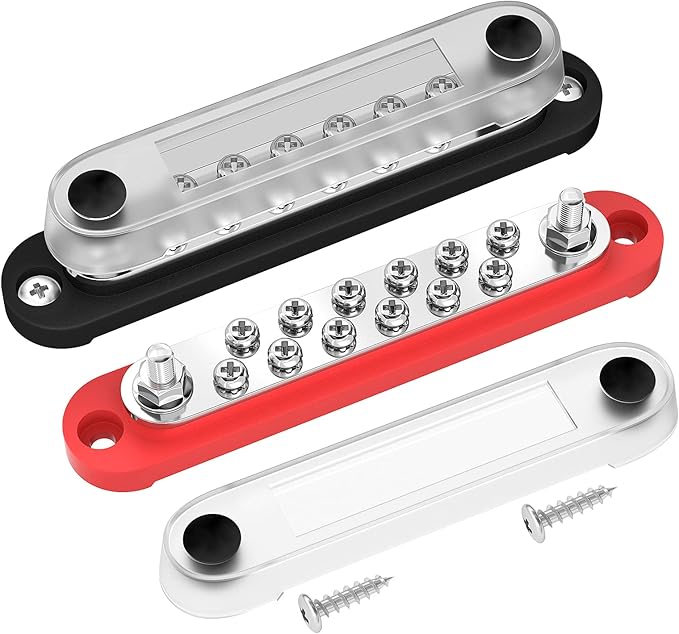 DaierTek 12V Power Distribution Block 2 x 1/4" (M6) Terminal Studs 12 x M4 (#8) Terminal Screws Battery Bus Bar Terminal Block Max 48V Positive & Negative Busbar for Automotive Car Boat