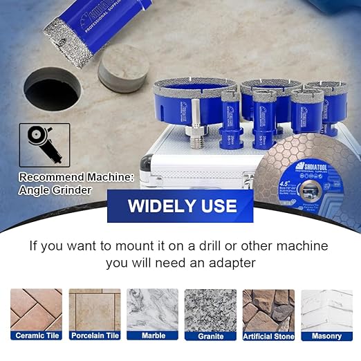 SHDIATOOL Diamond Tile Drill Bits Kit 8pcs, Porcelain Hole Saw Sets, Core Bits Cutter for Drilling Ceramic Marble Granite (20/25/35/50/75/100MM/HEX/4.5")