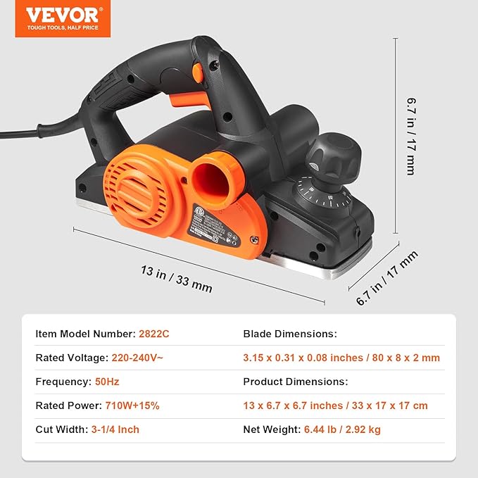 VEVOR Electric Hand Planer, 3-1/4" Width Corded, 16500 RPM High-Speed Powerful Handheld for Woodworking, Wood Chamfer DIY, Smooth Finish Carpentry Tool, FCC-SDoC