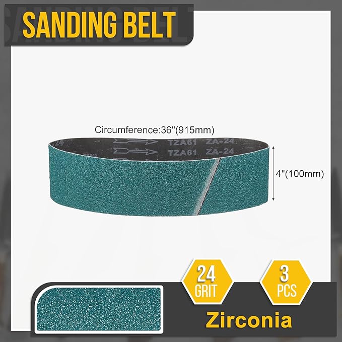 4 x 36 Inch Sanding Belt, 3 Pcs 24 Grit Zirconia Knife Sharpener Belts Work Sharpening for Belt Sander Knife Carving Tool Metal Working