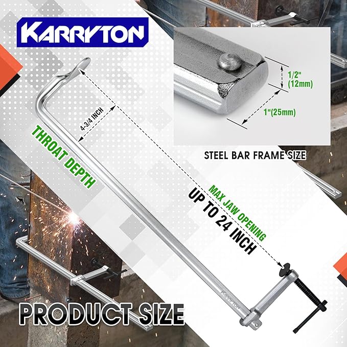 2-Pack Heavy Duty 24"(600x120mm) F-Clamp w/ 4-3/4" Throat Depth, Bar Size 1"x15/32", 1400LB Clamping Force, Drop Forged Steel Bar Clamps for Wood, Metal, Pipe, Welding and DIY Projects