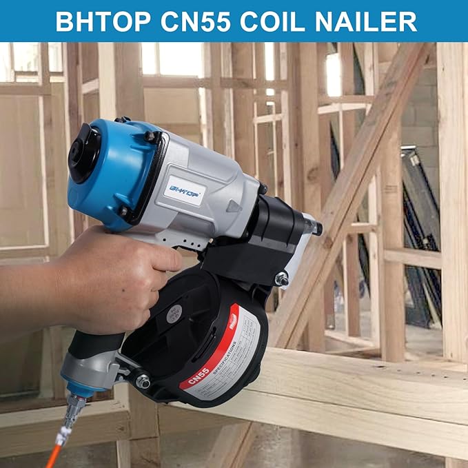 BHTOP CN55N Pneumatic Nail Gun, 15 Degree Professional Coil Nailer, 1 Inch to 2-1/4 inch Coil Pallet Nail Gun, 350-pcs Load Capacity Pallet Nailer Blue