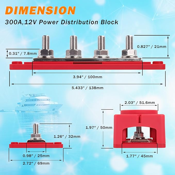 300A Heavy Duty Module Bus BAR, 12V 24V 48V DC Power Distribution Block with 4 x 5/16" (M8) Studs, Gift 12pcs Cable Lugs and 20pcs Heat Shrink Tubing - Marine Bus Bar (RED+)