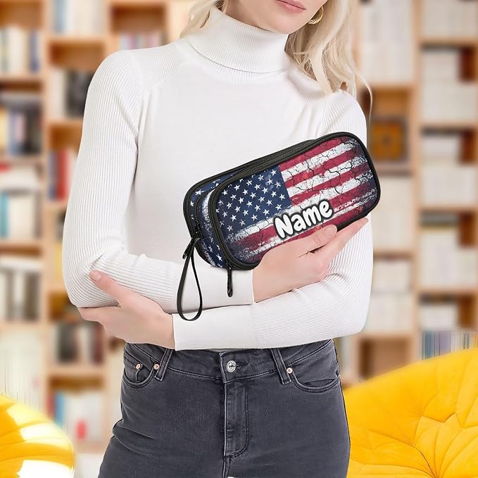 Custom Retro American Flag Pencil Case Box Boys Girls Personalized Name Large - Image 8