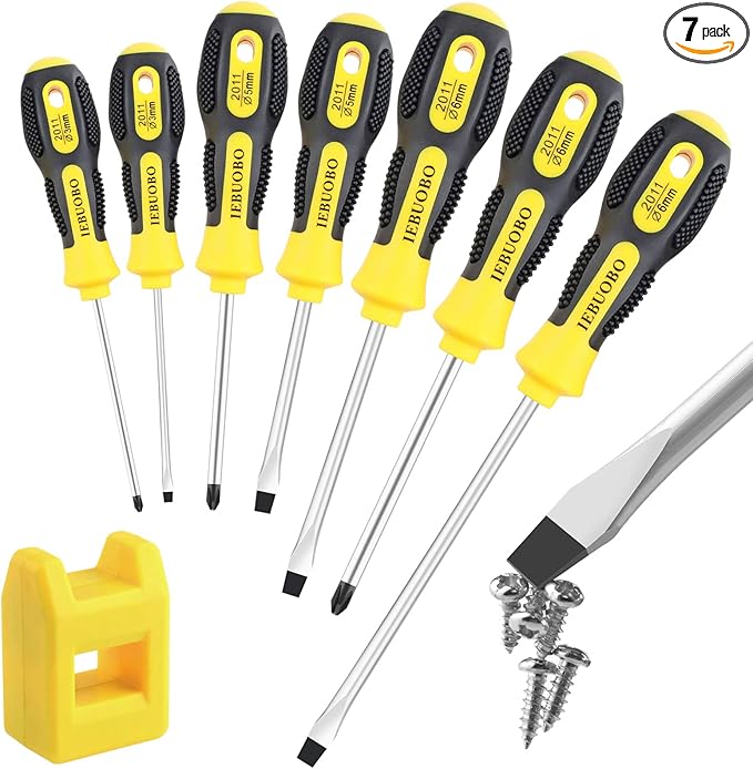 Magnetic Screwdriver Set 7 PCS, 3 Phillips and 4 Flat Head Precision Screwdriver, Professional Cushion Grip and Non-Slip for Repair Home Improvement Craft, Yellow