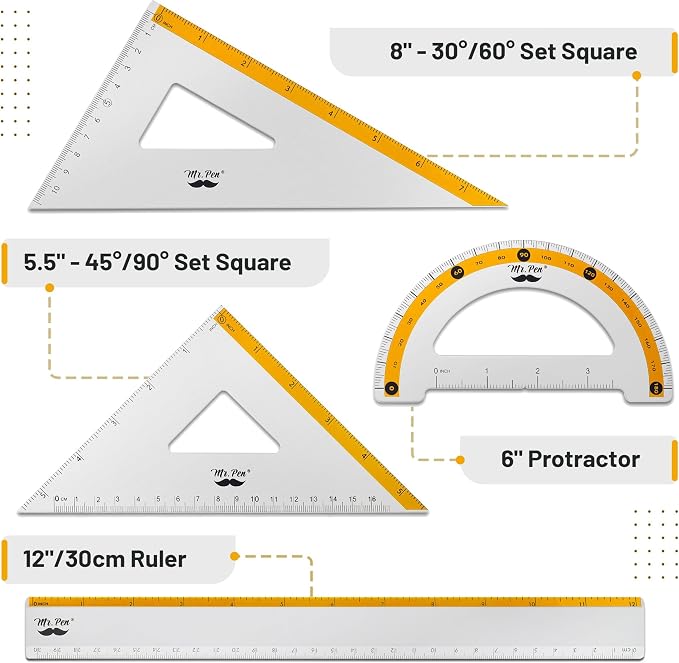 Mr. Pen- Metal Geometry Kit, 4 Pack, 45° & 30°/60° Set Squares | 6" Protractor - Image 2