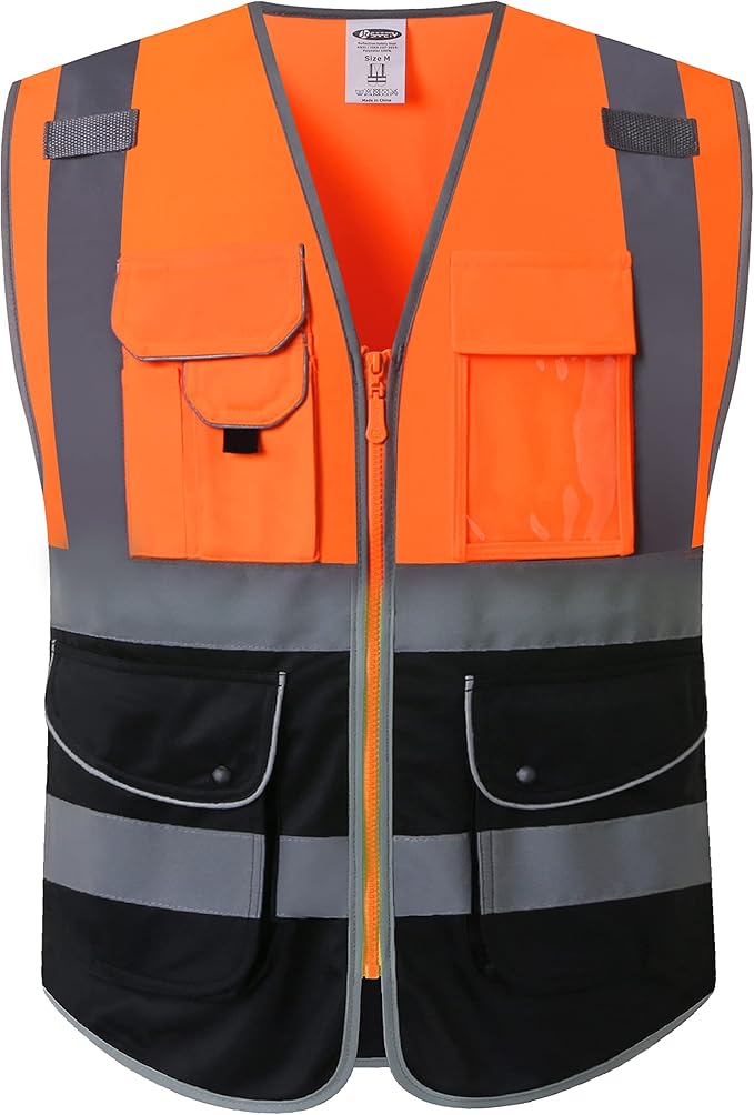 JKSafety 9 Pockets Class 2 High Visible Reflective Safety Vest Zipper Front Breathable Lining Orange-Black Meets ANSI/ISEA Standards(150-Orange-Black L