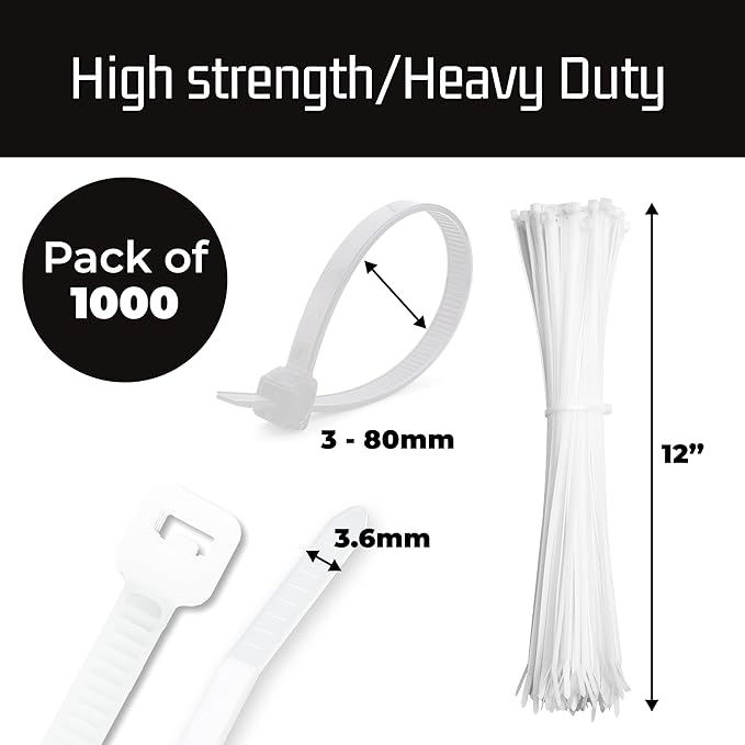 Bolt Dropper 1000-Piece Set Zip Cable Ties - 12-Inch Heavy Duty Self-Locking Nylon Wire Ties - 40 lbs Tensile Strength for Indoor or Outdoor Use - Durable, UV and Temperature Resistant White Zip Ties