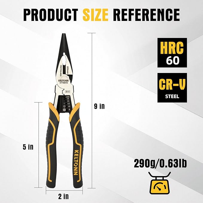 Multi-Function Needle Nose Pliers with Cutting, Stripping, Crimping and Gripping, 9-inch 6-in-1 Cr-V Steel Combination Pliers for Electricians and Homes