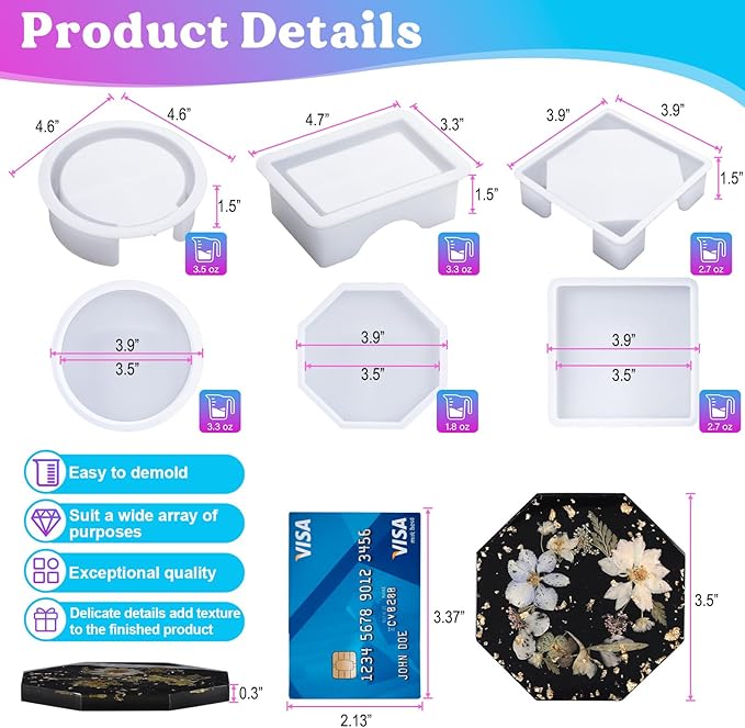 LET'S RESIN 18 Pcs Coaster Resin Molds Silicone, Coaster Molds - Image 2