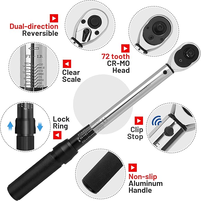 1/2-Inch Drive Click Torque Wrench Set, 10-160 FT-LB/13.6-217Nm, Dual-Direction Adjustable 72-Tooth Torque Wrench Kit with Extension Bar, Socket Set-8PCS Black