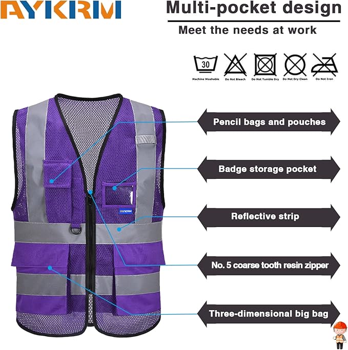 A-SAFETY High Visibility Mesh Safety Reflective Vest with Pockets and Zipper,Hi Viz Work Vest for Men Women (Purple Mesh S)