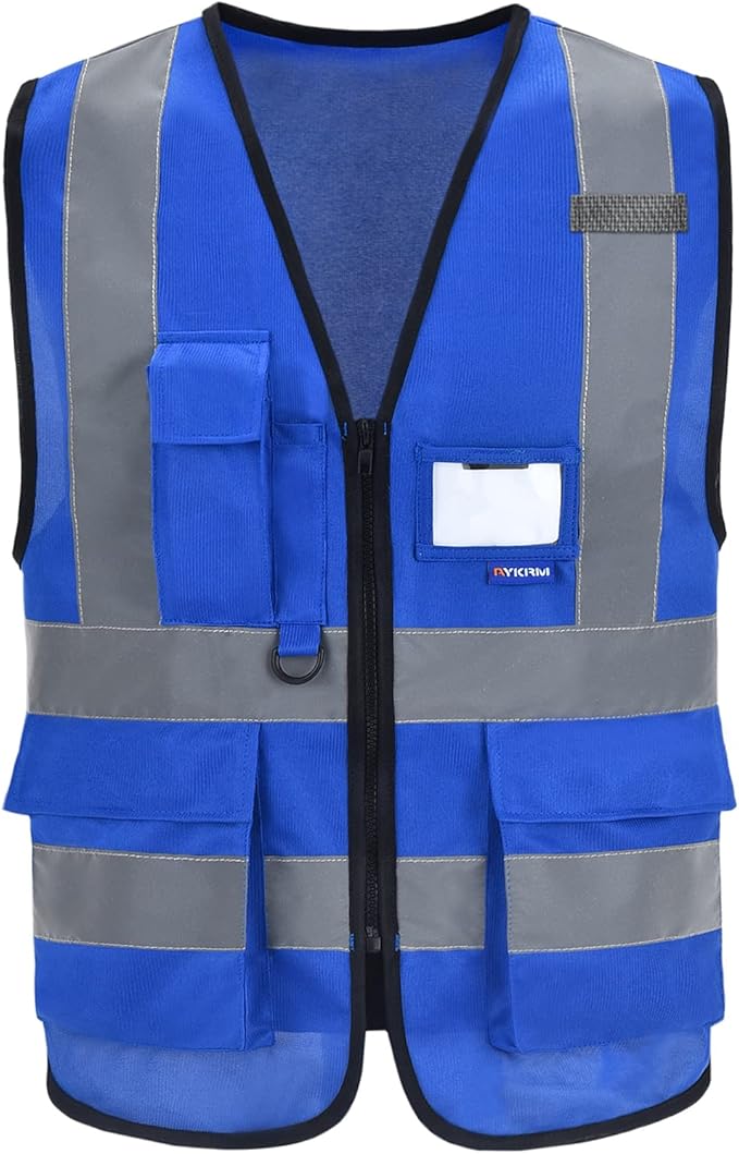 A-SAFETY Blue High Visibility Vests Reflective Work Vest,Hi Vis Bright Neon Color with 4 Reflective Strips 7 Pockets