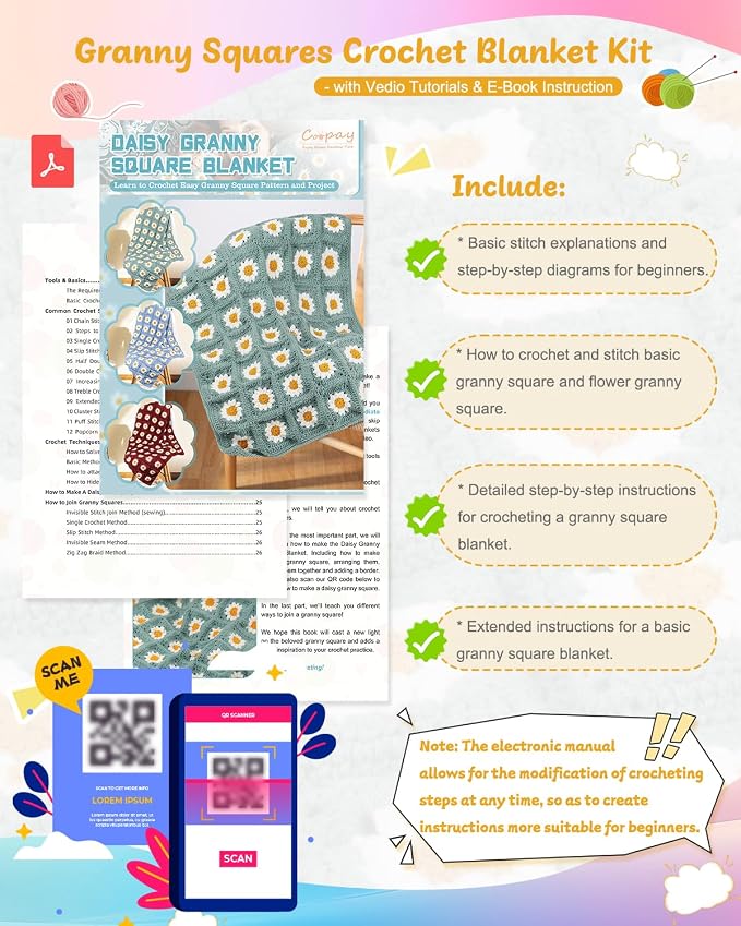 Coopay Crochet Kit Beginners for Blanket, Granny Squares Crochet Blanket Kit - Image 5