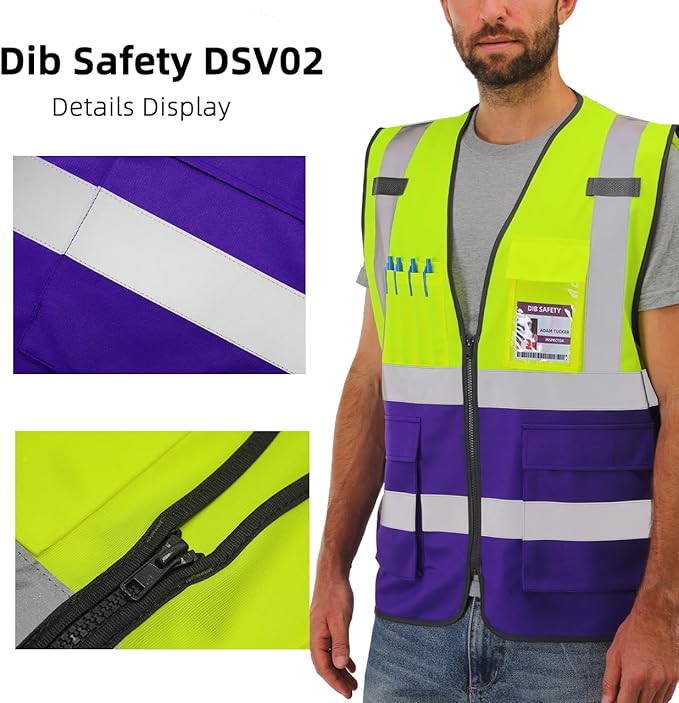 Dib Safety Reflective Vest High Visibility with Pockets and Zipper, Yellow and Purple S