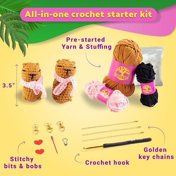 Capybara Crochet Kit for Beginners, 2 Easy Amigurumi Capybaras & Keychains | - Image 3