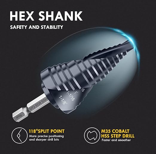 Spiral Flute Cobalt Step Drill Bit M35,Hex Shank Unibit for Metal, Stainless Steel (1/4"-1-1/8")