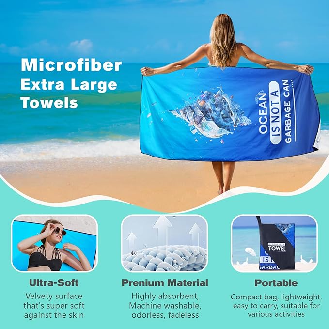 Protect Ocean Environment Beach Towel Oversized 36" x 72", Thin Lightweight Sand Free Quick Dry Microfiber Towel for Swimming Pool Cruise Camping Travel