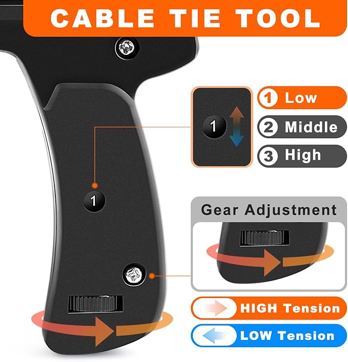 Zhushan Cable Tie Gun and Tool Set - Fastening, Flush Cutting, and Organizing with Steel Handle Zip Tie Tool for Nylon Cable Ties - Includes 50PC Cable Ties