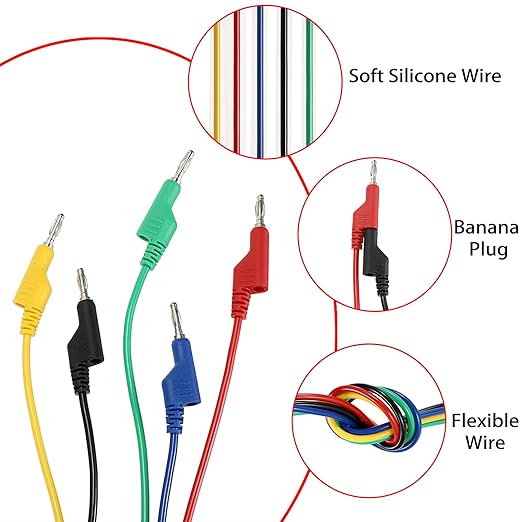 Sumnacon 5Pcs Banana to Banana Plug Test Lead, 4mm Stackable Banana Plug Wire Test Cable Lead for Multimeter, Electrical Test Wire 1000V/15A 6.6Ft/2M