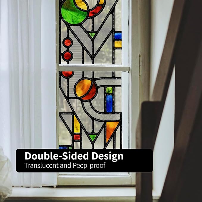 Original Hand Drawn Faux Stained Glass Window Film Double-Sided Texture Static - Image 7