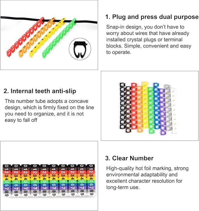 WALFRONT Digital Tube Wire 0-9 Number Coded Clip On Plastic Cable Label Tube Colorful Cable Marker C Shape Suitable Multi-Type Cable (150Pcs 1.5mm²)