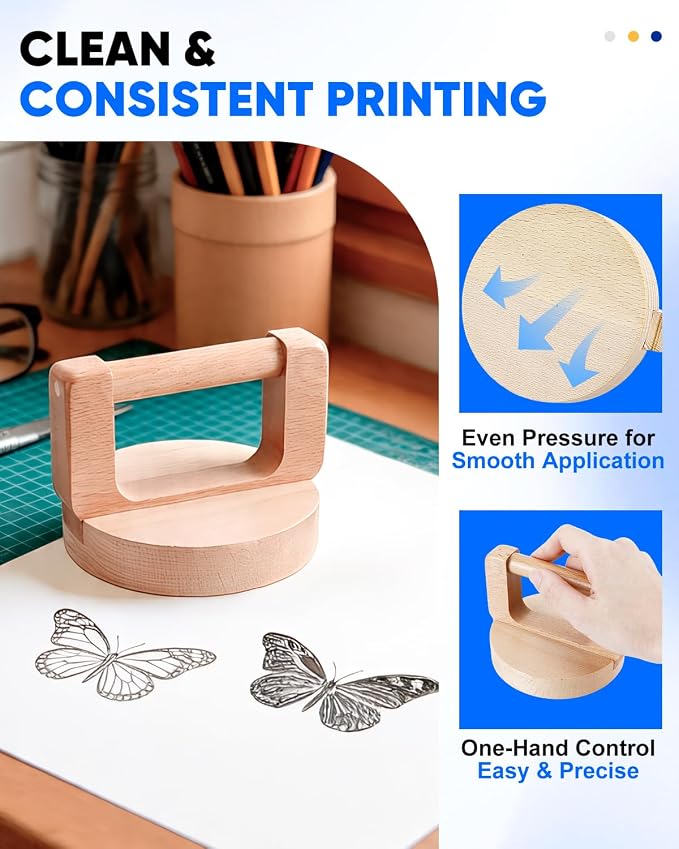 UCEC 1+1 Pack Handheld Round Wood Baren and Cleaning Cloth, Printmaking Tool Set - Image 2