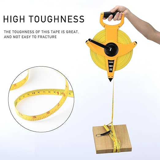 LAND 330FT/100M Heavy Duty Fiberglass Tape Measure - 1/2-Inch Wide, Dual Inch/Metric Scale, Durable Open Reel Measuring Tape for Surveying, Engineering, Runway Construction