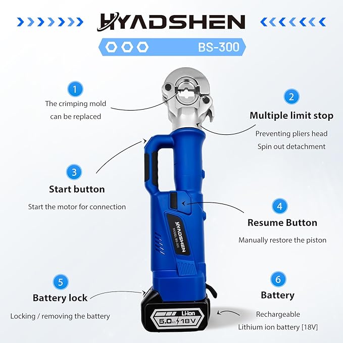 Electric Hydraulic Cable Lug Crimper Pliers,Rechargeable Crimping Tool,Straight-handled electric hydraulic pliers,6 Ton Electrical Terminal Cable Wire Fiber Crimper Kit with 11 Dies, 6 AWG to 600 MCM