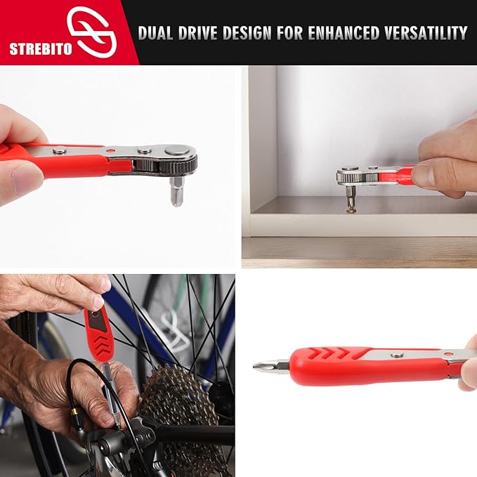STREBITO Right Angle Screwdriver 14 Piece Mini Ratchet Set, Offset Screwdriver Low Profile Ratchet Screwdriver Set with 1/4 Ratchet, Hex, Phillips, and Torx, EDC Bit Driver for Tight Spaces, Bike