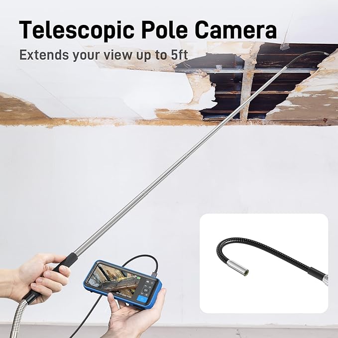 Teslong Telescopic Camera with Light, 4.5" IPS Screen Endoscope Inspection Camera with 5FT Telescoping Pole, IP67 Waterproof Flexible Borescope for Home Ceiling, Wall, Chimney, Automotive & HVAC