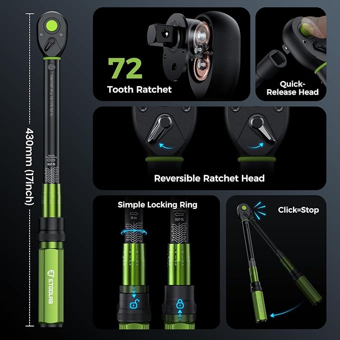 1/2 Drive Click Torque Wrench Dual-Range【10-170.0ft.lb/13.60-230.5Nm】±3% Precision Torque Wrench 1/2 Drive, 72 Tooth Dual-Direction Adjustable Torque Wrench for Bicycle, Moto and Car Maintenance