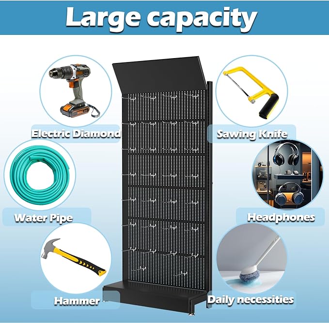 Metal Pegboard Shelf - Peg Board Display Stand with 30 Hooks, 85x36x13 in, Portable Garage Pegboard Organizer Retail Display Rack for Craft Shows,Kitchen Decoration, Mobile Phone Shop/Black