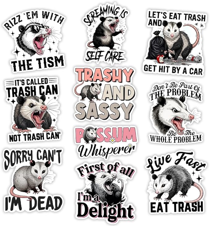 MAIANEY Funny Possum Sticker Pack – 10pcs Hilarious Trash Animal Meme Vinyl by Maianey