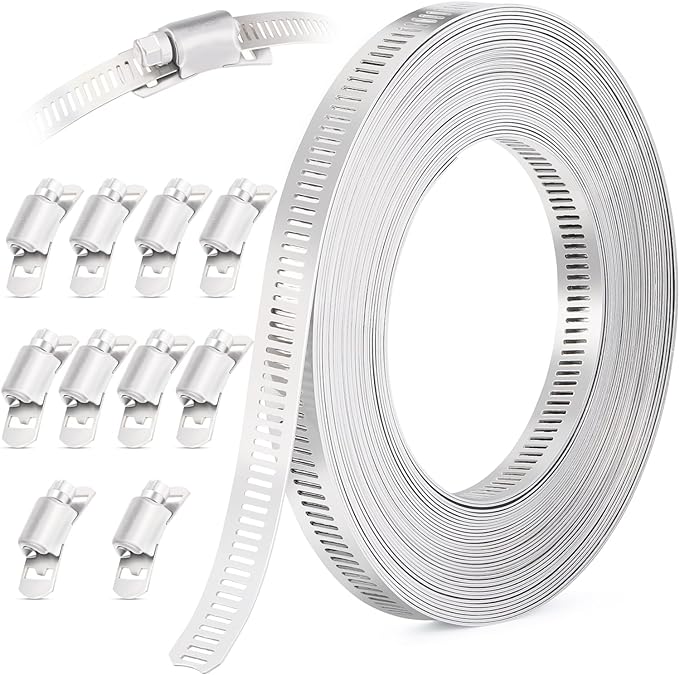 20FT Hose Clamps,304 Stainless Steel Hose Clamp Assortment Kit DIY Metal Strapping with Holes+10 Fasteners,Adjustable Worm Gear Large Hose Clamps Metal Band Screw Clamp Straps for Pipe,Duct,Tube