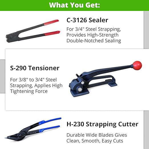 IDL Packaging - S-290, H-230, C-3126 Strapping Tool Set for 3/4" Steel Strapping - Tensioner, Sealer, Cutter for Steel/Metal Banding - Packaging Strapping Tool Kit