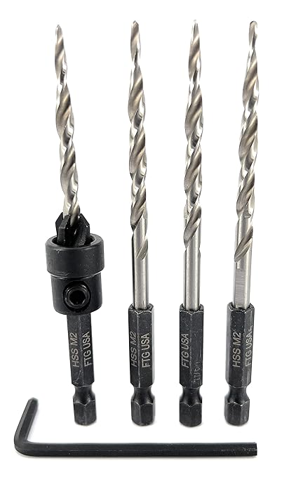 FTG USA Adjustable Wood Countersink Drill Bit #8 (11/64") with 3 Tapered Drill Bits for Woodworking