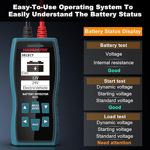 HANMATEK BD10 24V 12V Car Battery Tester 100-2000 CCA Automotive Load Tester Digital Auto Battery Alternator Analyzer Charging Cranking System Tester for Car Truck SUV Boat Motorcycles Vehicle
