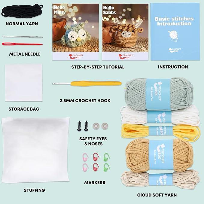 CrochetBox Crochet Kit for Beginner, Highland Cow and Owl Learn How to Crochet - Image 3