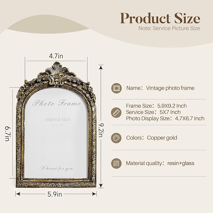 Cuspin 5x7 Picture Frame Arched Gold Frames, Vintage Bronze 5 by 7 Photo Frame - Image 4