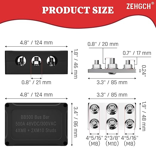 500A Bus Bar - ZEHGCH Weather Proof Power Distribution Block with 4 * 5/16"(M8)+2 * 3/8"(M10) Studs 48V DC - Heavy Duty Automotive Marine Battery Terminal Blocks with Cover - Negative&Positive