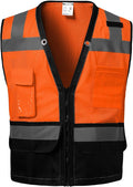 Reflective Safety vest With back plan pocket,High visibility Class 2 Heavy Duty Surveyor Vest with Zipper,Hi Vis Construction Work Vest for Men＆Women ANSI/ISEA(Orange-Bottom,L)